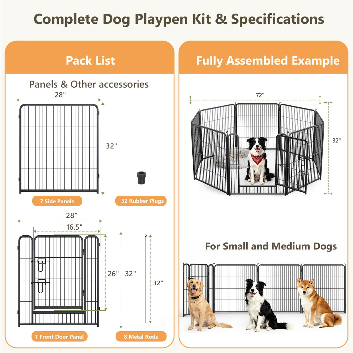 MAKE CHANGES Metal Dog Playpen - 32" Height 8 Panels Foldable Exercise Pen for Dogs Indoor/Outdoor Pen with Door for Pet Animals Portable Pet Playpen Polygon Dog Enclosure (Black)