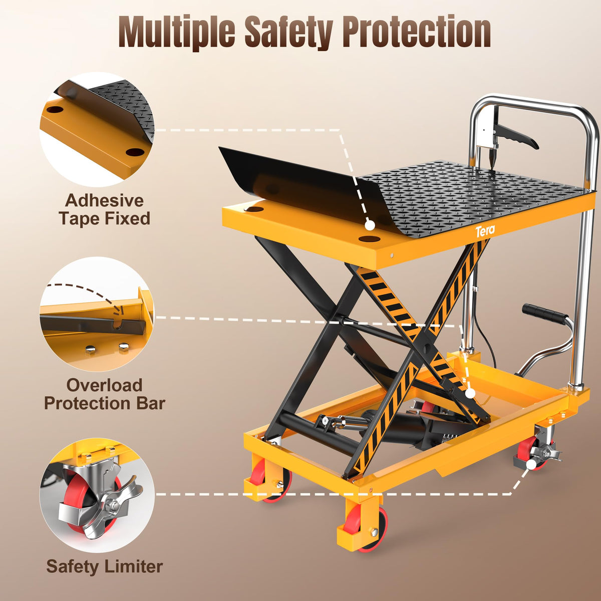 Tera Foldable Hydraulic Lift Table Cart: 330lbs Capacity 28.5" Lifting Height Single Scissor Lift with Non-Slip Pad Anti-Collision Wheels Thickened Scissors for Material Handling and Transportation