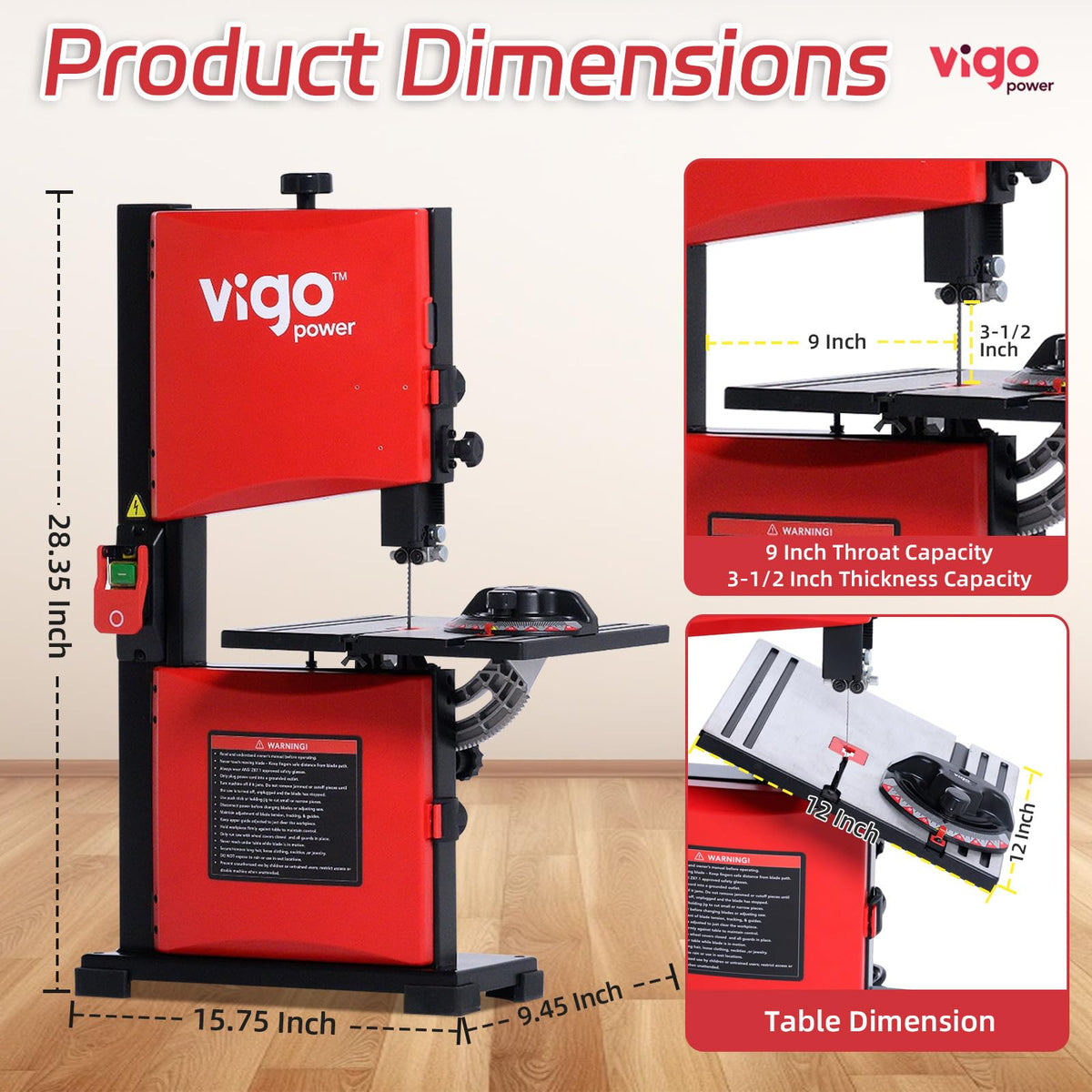 VIGO POWER 9-Inch Benchtop Band Saw for Woodworking, Portable Bandsaw, 2.8A Induction Motor, Dual-Speed 1700/2500 FPM, 12x12" Aluminum Tilting Table 0-45°, Miter Gauge & Dust Port, DIY