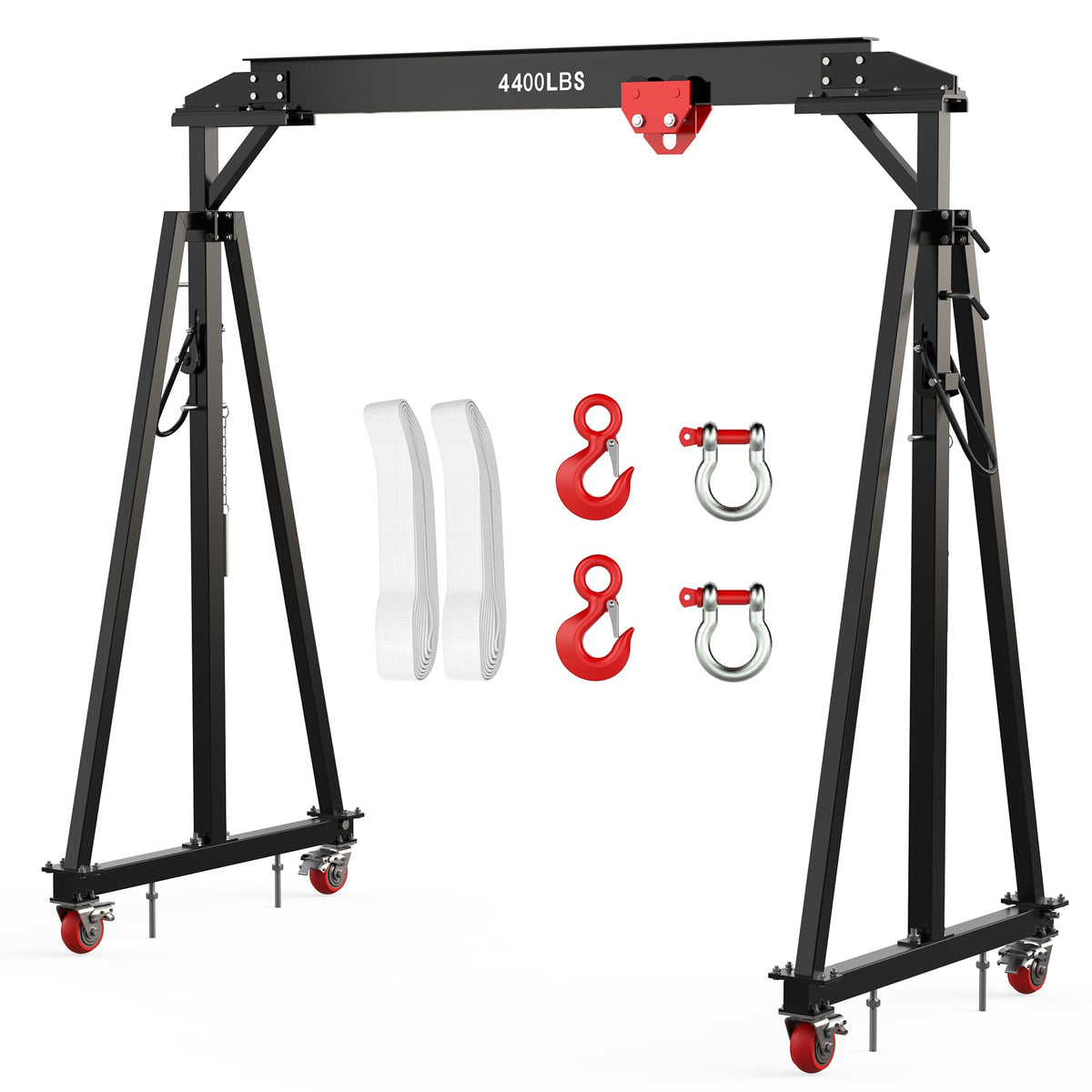 2 Ton Gantry Crane with Manual Trolley, Hook and Sling strap, 4400 LBS Steel I-Beam Hoist with 12 Adjustable Height Positions (97"–141"), Heavy Duty Shop Crane for Garage, Warehouse, Auto Repair & Con