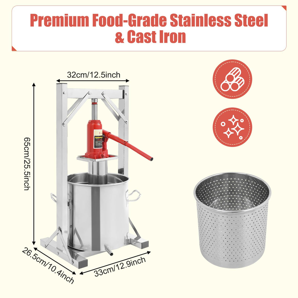Fruit Press, 3.2 Gallon Food Grade Stainless Steel Cider Press with Hydraulic Jack Manual Grape Wine Making Supplies and Equipment Fruit Crusher for Home, Restaurants
