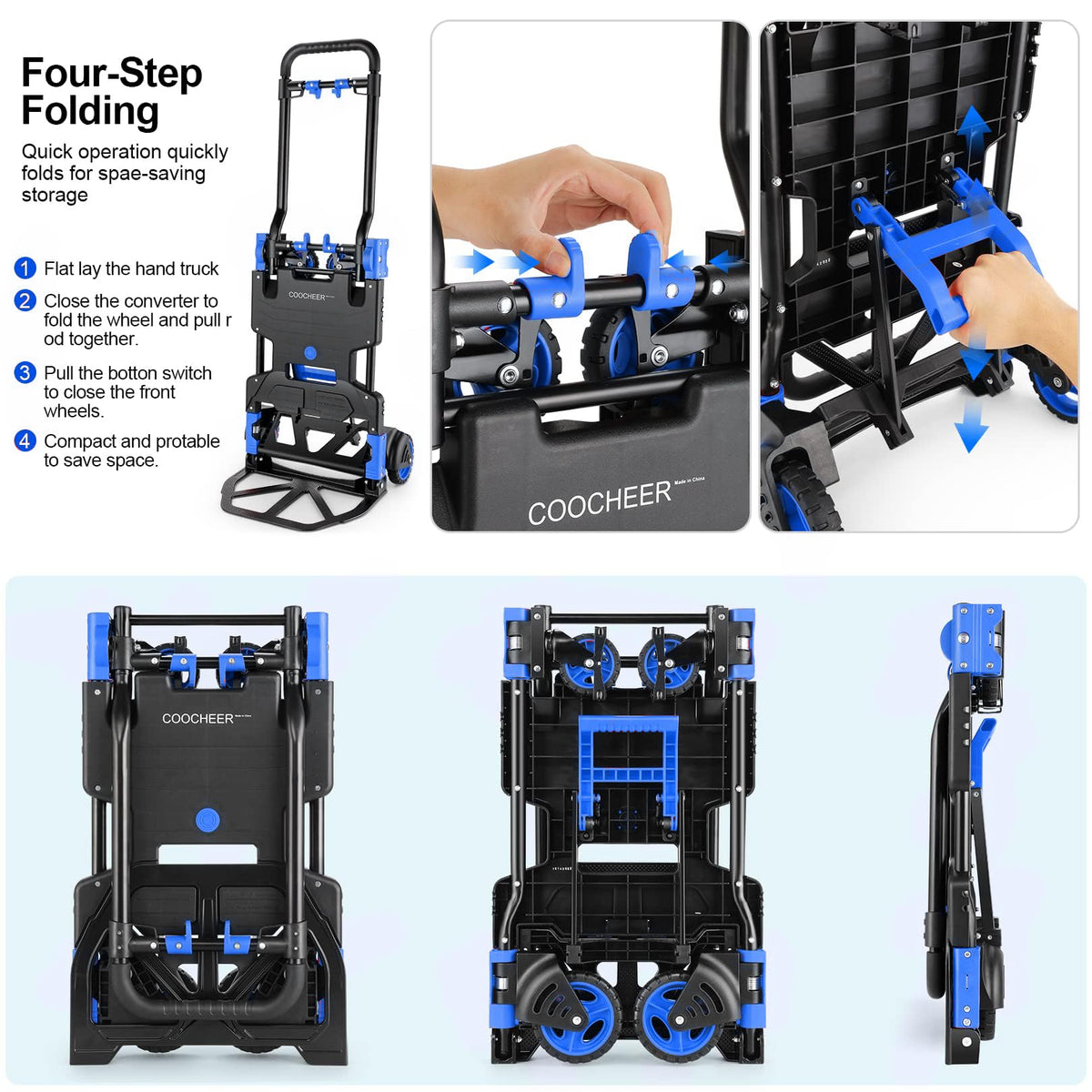 2-in-1 Folding Hand Truck Dolly 330LB Load Carrying, Hand Truck Foldable Dolly with Retractable Handle and 4 Rubber Wheels, Portable Folding Hand Cart for Moving/Travel/Office(Blue)