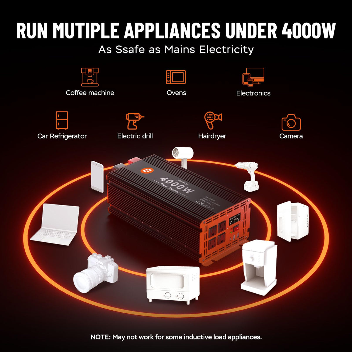 4000 Watt Power Inverter 12V DC to 110V/120V AC Converter Peak Power 8000W Car Inverter with LCD Display 4 AC Outlets, 2 USB & Type-C Port for RV,Truck,Off-Grid Solar System with Remote Controller