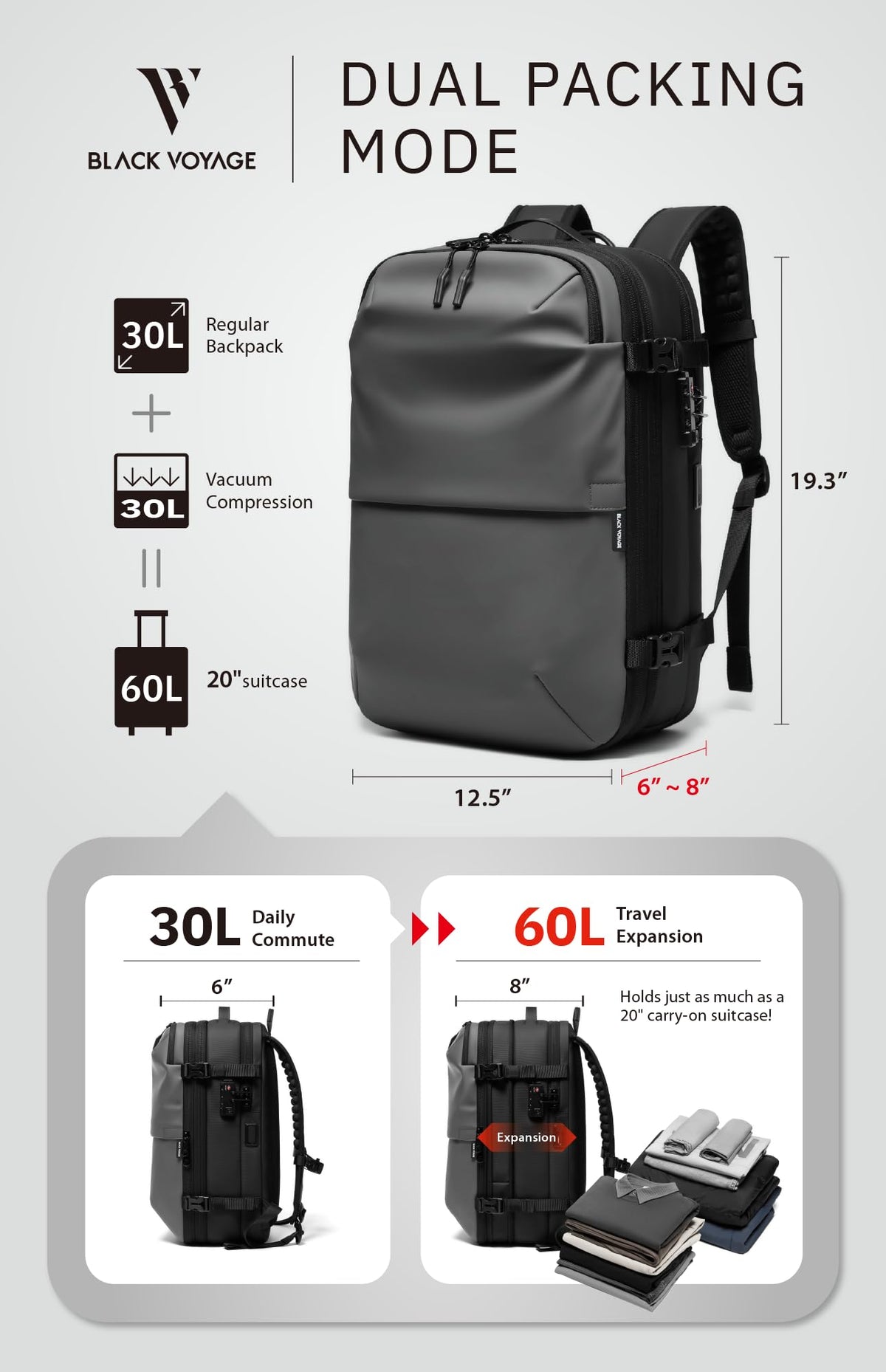 BlackVoyage Vortex Vacuum Seal Travel Backpack 60L Expandable Air Compression System Water Resistant TSA Lock Carry-On Suitcase Luggage Gray AERO - Vacuum Pump Included