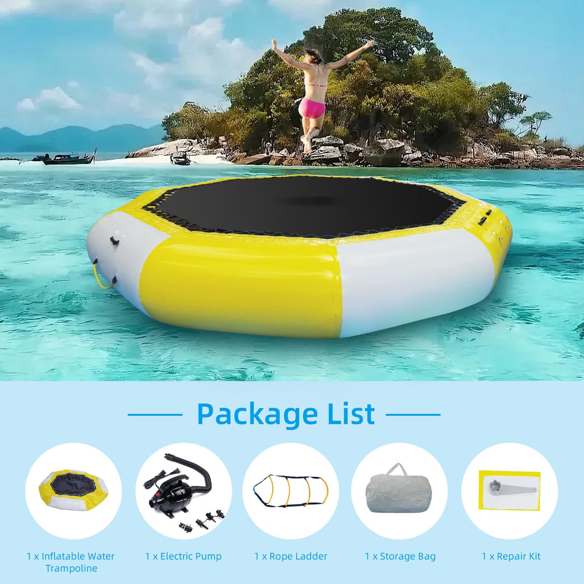 XHYCPY Inflatable Water Trampoline, 10FT/12FT Recreational Water Bouncer w/Inflator, Rope Ladder, Storage Bag, Portable Bounce Swim Platform for Lakes, Pools, Calm Sea