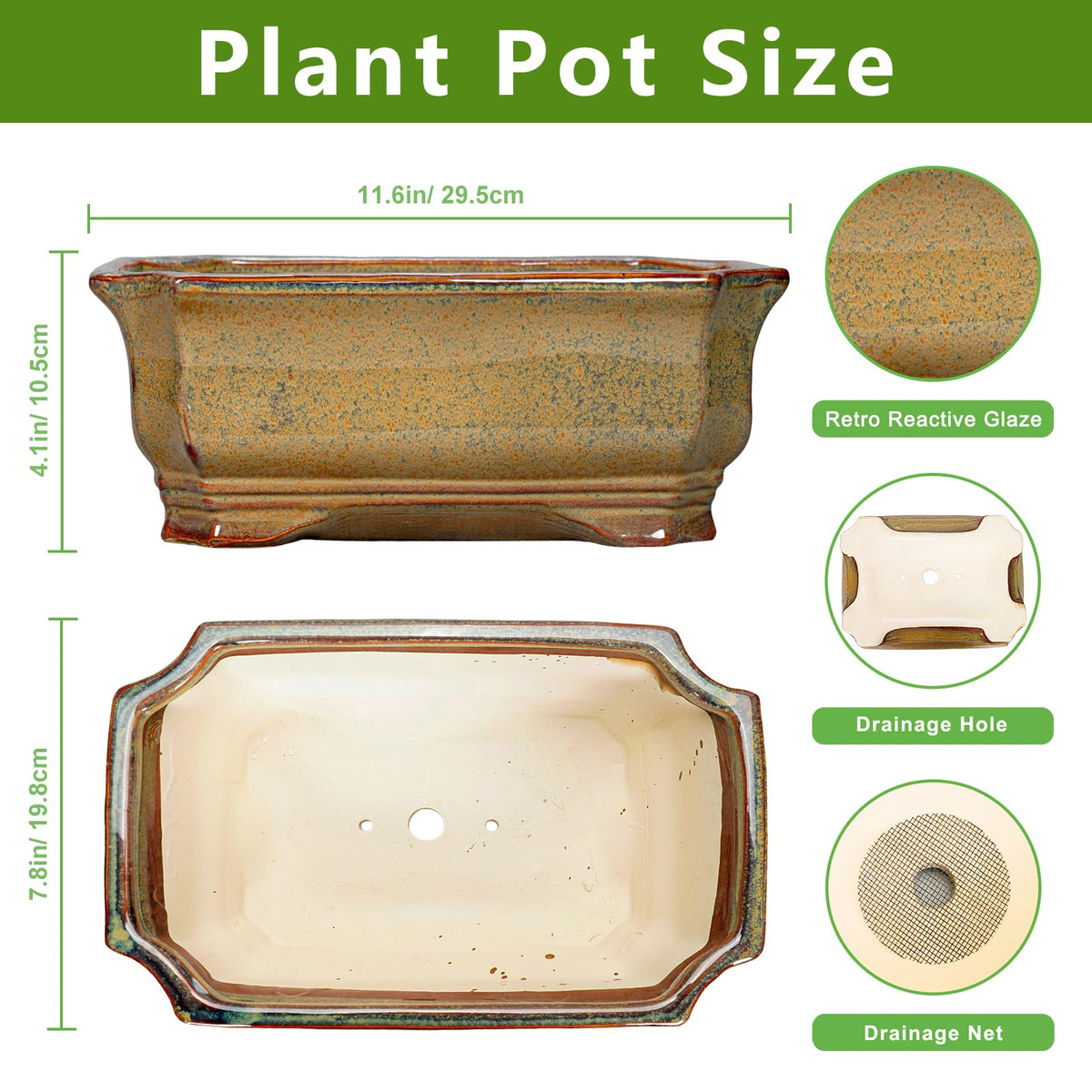 Teagas Bonsai Tree Pots 11.6 Inch - Ceramic Bonsai Planter for Succulent Plants, Succulent Pots with Drainage Hole, Large Indoor Flower Pot, Home Decor, Plant Lover Gifts, Rectangular Yellowish Brown