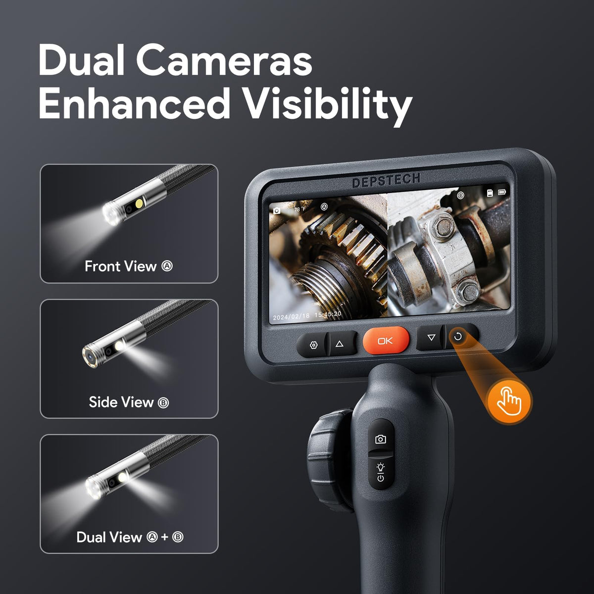 DEPSTECH Articulating Borescope Camera with Light: Dual Lens Industrial Endoscope with 4.5" Screen & 5FT Snake Cable, Video Inspection Scope Camera Automotive Tool for Wall, Pipe, Mechanic
