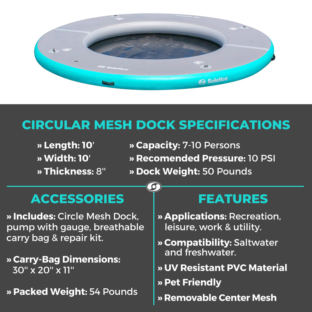 Solstice 10-Person Circular Mesh Inflatable Dock, Floating Water Raft Platform, 10ft - Round Outdoor Ring for Lake, River, Swimming Pool & Beach, Includes w/Carry Bag & Repair Kit