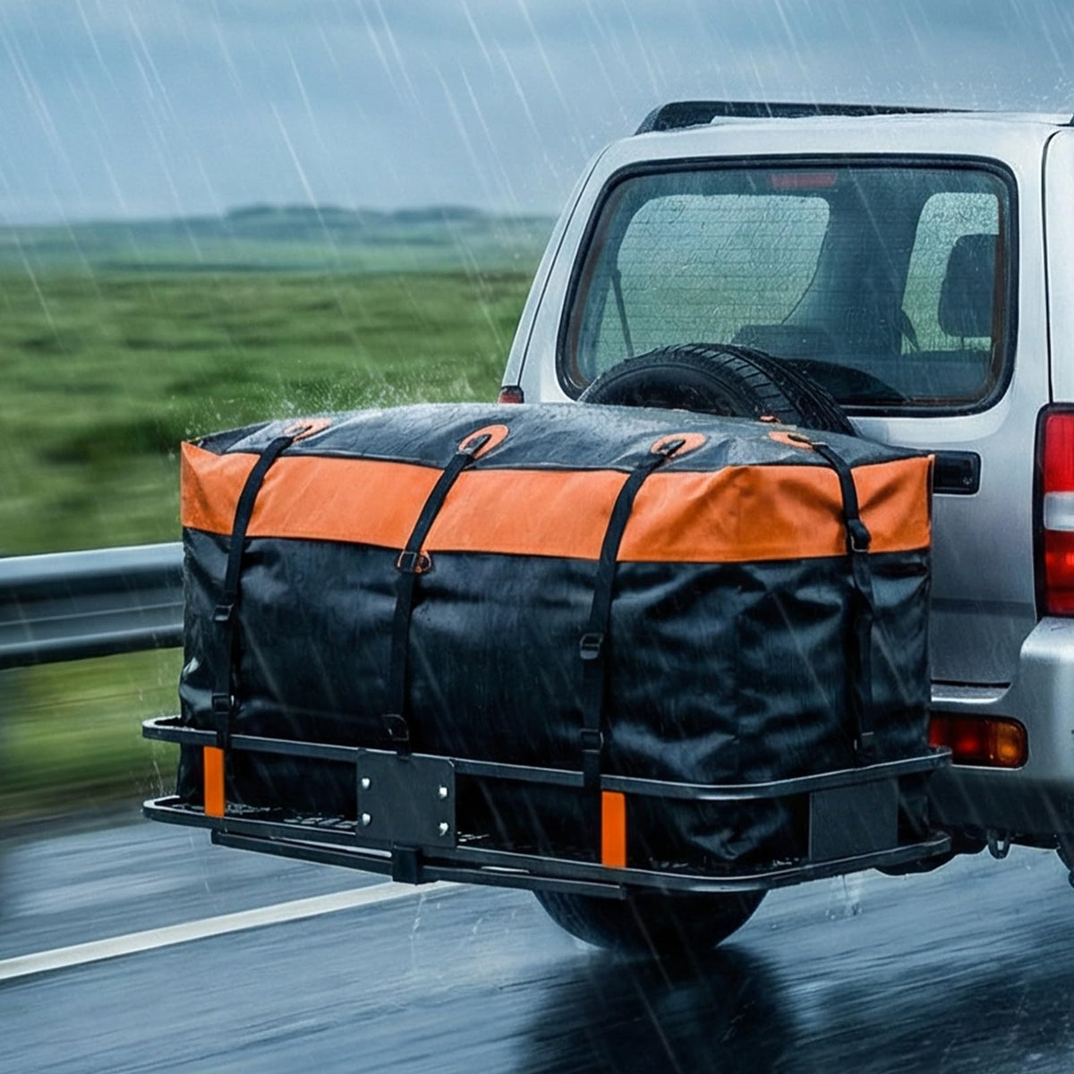 OLIXIS Folding Hitch Mount Cargo Carrier Basket 60x21x6 with Waterproof Luggage Bag 16 Cubic Feet, 500 Lbs Capacity Cargo Basket, with Hitch Stabilizer, Straps, Net
