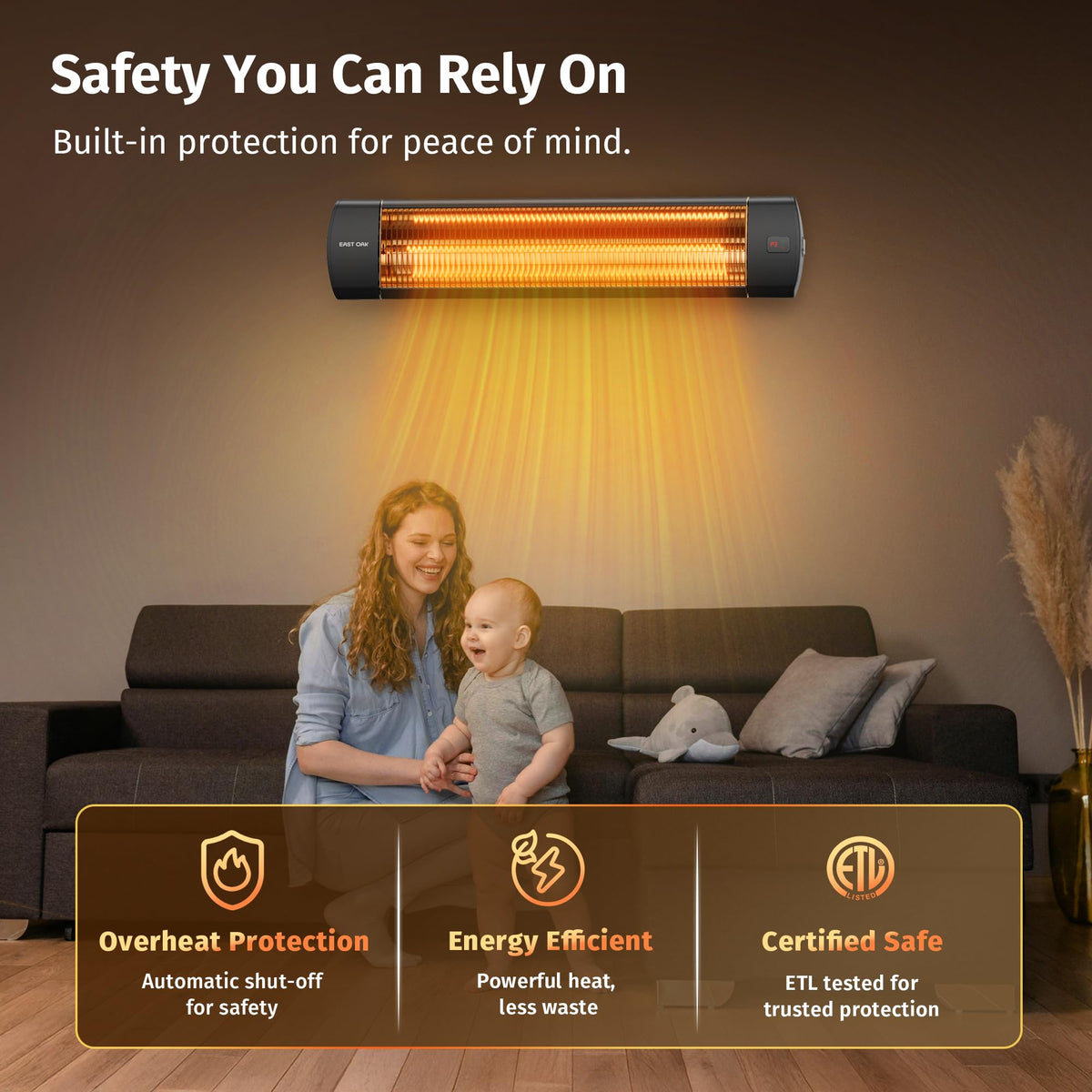 EAST OAK Electric Patio Heater | 1500W Wall Mounted Infrared Heater for Outdoor, Garage, Backyard, Restaurant | 24H Timer, IP65 Waterproof | 3 Heat Levels & Overheating Protection | Black