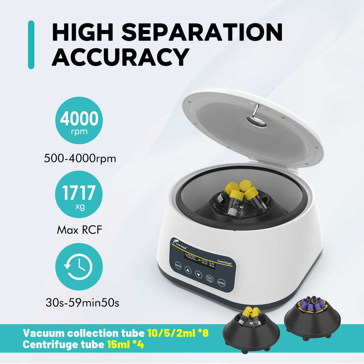 LAB FISH PRP Centrifuge Machine LC-400 8 * 2ml/5ml/10ml, 4 * 15ml Lab Tubes | Low Speed Control 500-4000RPM,Max 1717xg | Timer Function 30sec-59min
