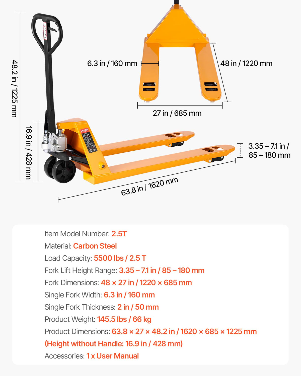 VEVOR Pallet Jack, 5500 lbs Load Capacity, Manual Pallet Truck with 48L x 27W Inch Forks for Material Handling, 3.35-7.1 Inch Fork Lift Height Range, Suitable for Warehouse, Supermarket, Manufacturing