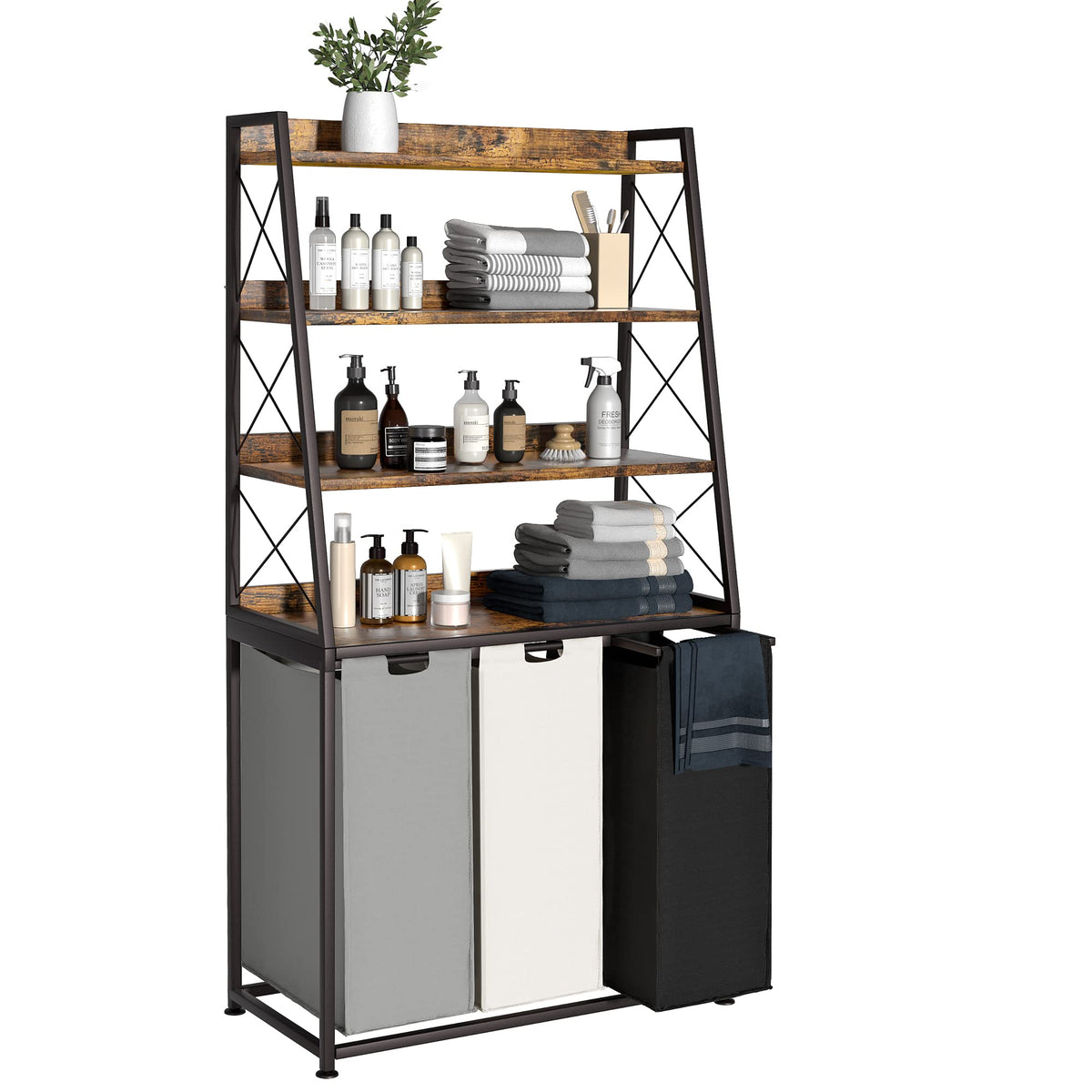Herture Laundry Basket, 3 Section Laundry Hamper with 4 Tiers Shelf, Pull-Out and Removable Laundry Bags, Large 3 x 15.87 Gallons, for Laundry Room Bathroom Rustic Brown PF05XLN