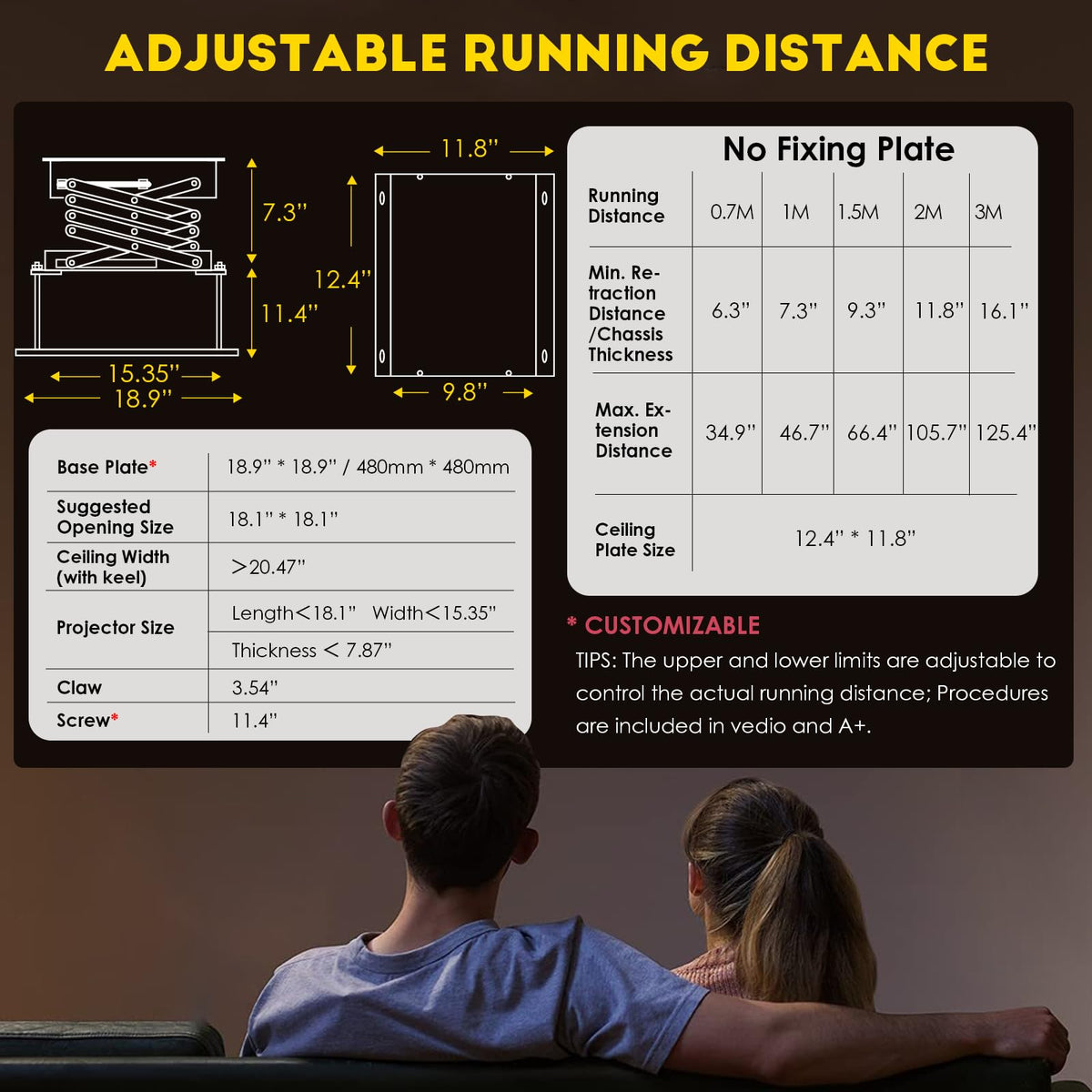 CGOLDENWALL 39" Ultra-Thin Hidden Projector Lift Motorized Projector Mount Adjustable, 44lbs Max Load, Remote Control, 18.9 * 18.9" Baseplate Customizable (Running Distance: 100cm/ 39.37")