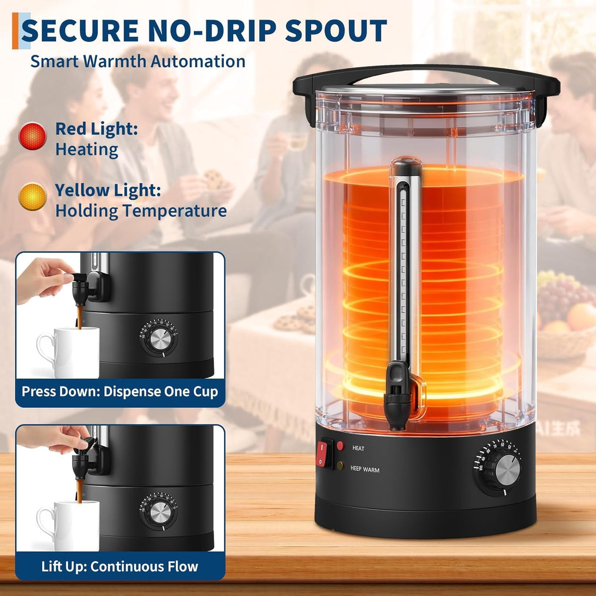 PeacefulHues 120 Cup Commercial Coffee Urn - 18L/4.8Gal Stainless Steel Electric Coffee Maker With Double Wall Insulation, Hot Beverage & Water Dispenser for Weddings, Parties, Catering, Buffets