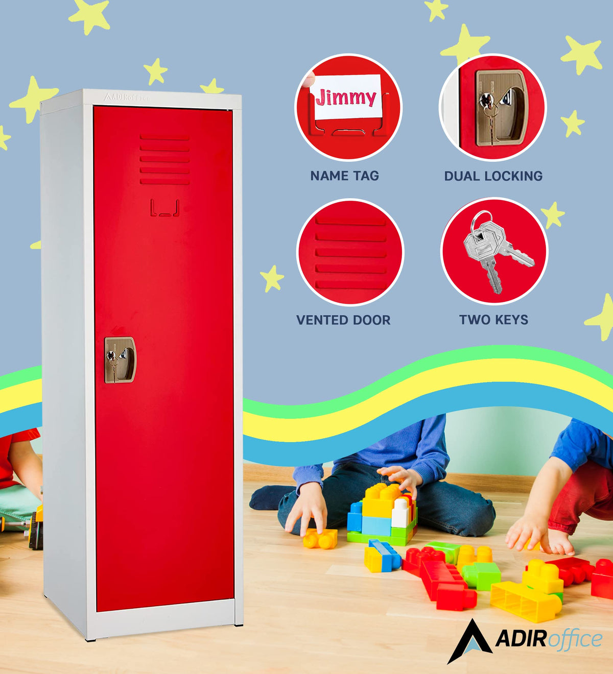 AdirOffice Kids Steel Metal Storage Locker - for Home & School - with Key & Hanging Rods (48 in 1 Door, Red)