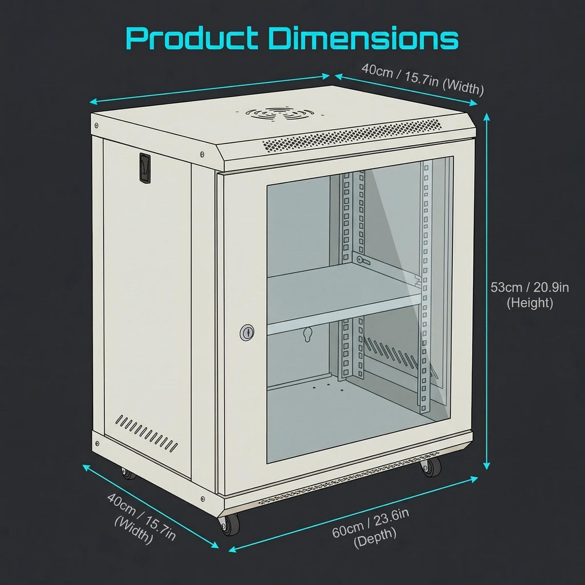 12U Wall-Mount & Rolling Network Cabinet for 19" Rack Equipment – Locking Tempered Glass Door, Ventilated Side Panels, Adjustable Rails, Fan Ready, Cable Management, Heavy-Duty Steel