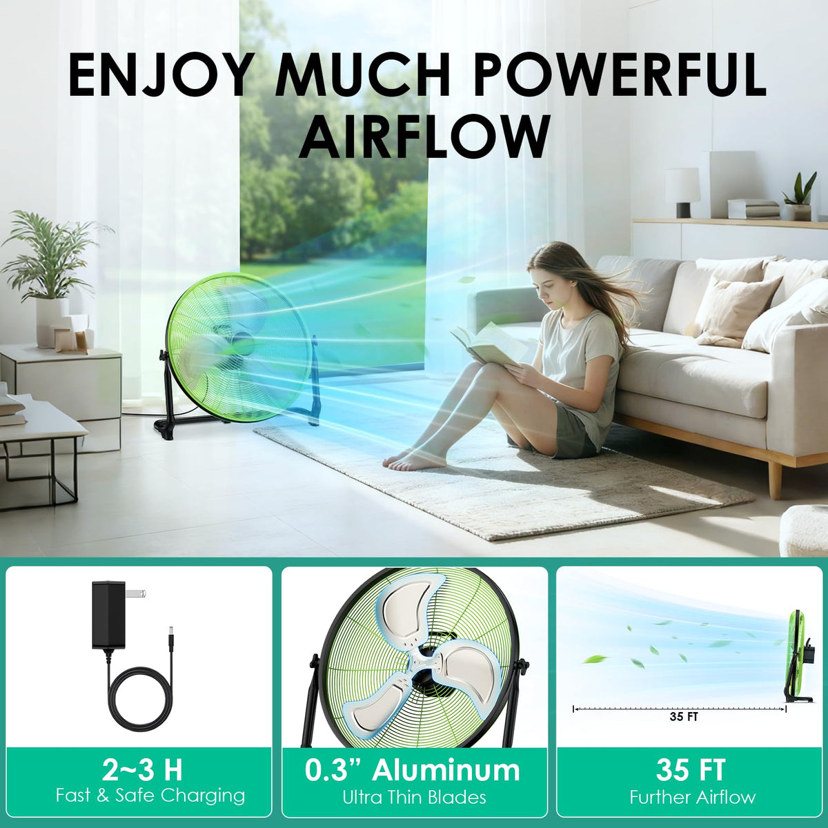 ZIZIWIN 20'' Large Battery Fan, Portable Cordless Camping Fan, Rechargeable Battery Floor Fans, 360° Tilt, Wireless, USB Output, for Home Office Gazebo Greenhouse Outside Gym