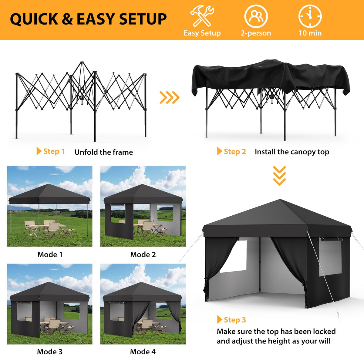 GarveeTech 10x10 Pop Up Canopy with 4 Removable Sidewalls and Windows, 3 Adjustable Heights Commercial Shelter, Portable Enclosed Instant Tent with Wheeled Carry Bag, Waterproof Outdoor Gazebo, Black