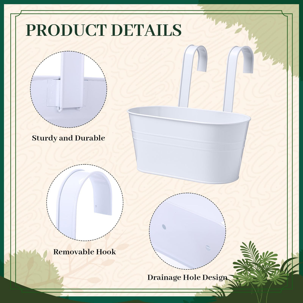 Romooa 16 Pcs Hanging Flower Pots Planters for Outdoor Metal Iron Wall Flower Planter Baskets for Railing Fence Balcony Garden Yard Home Indoor Decoration with Detachable Hooks(White)