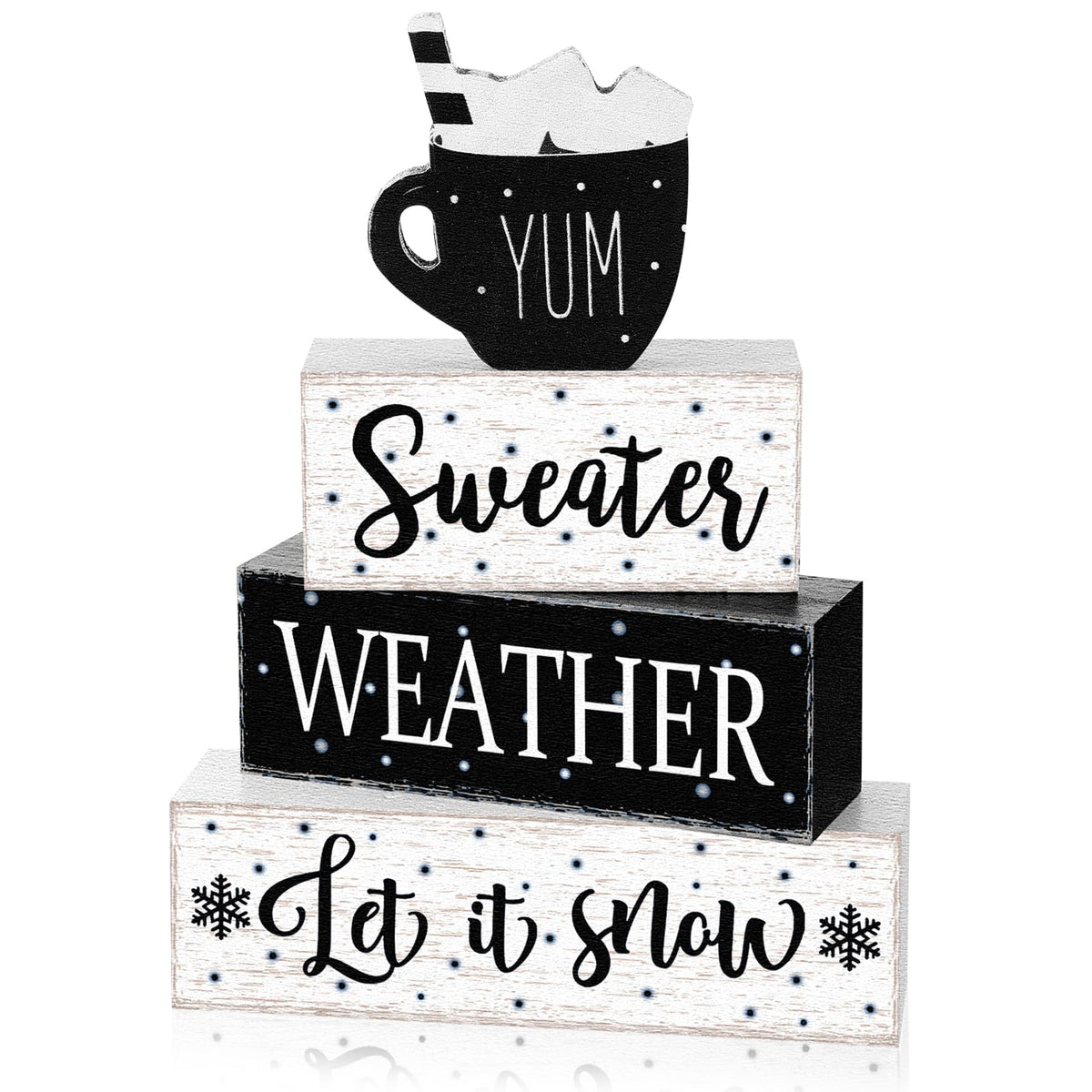 Marsui 4 Pcs Winter Wooden Tabletop Decor Rustic Hot Cocoa Block Sign Gift Farmhouse Christmas Tiered Tray Centerpiece Winter Decor for Home Office Desk Shelf Mantel