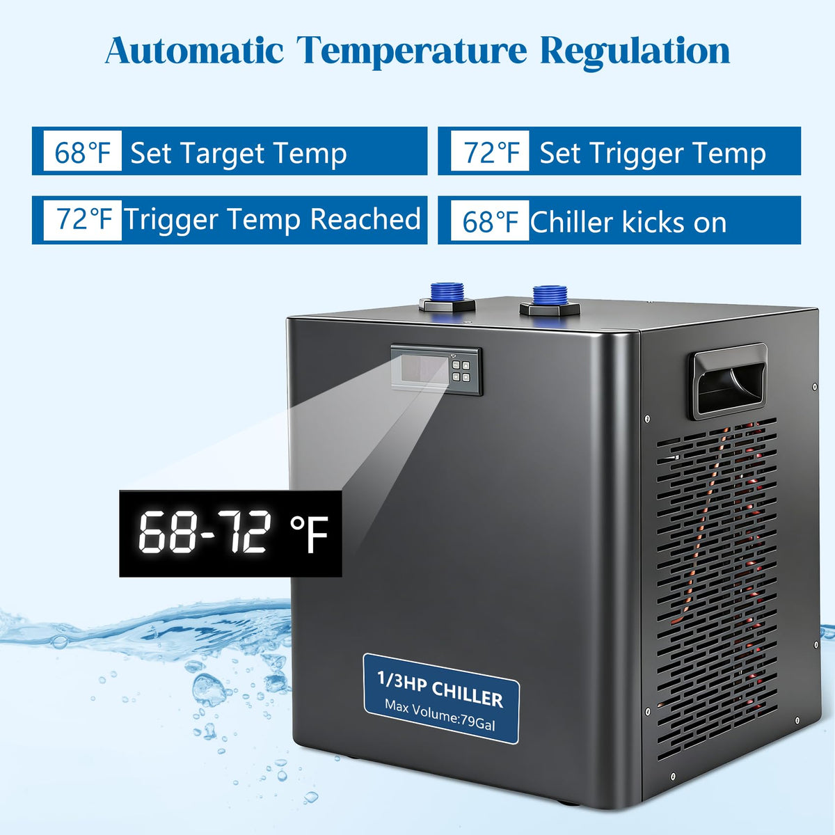 Togsher 1/3 HP Aquarium Chiller for 79 Gallon Tank, Ultra-Quiet Water Cooling System with Energy-Saving Mode, Reliable Temperature Control for Saltwater Freshwater Fish Tank, Reef Coral Axolotl