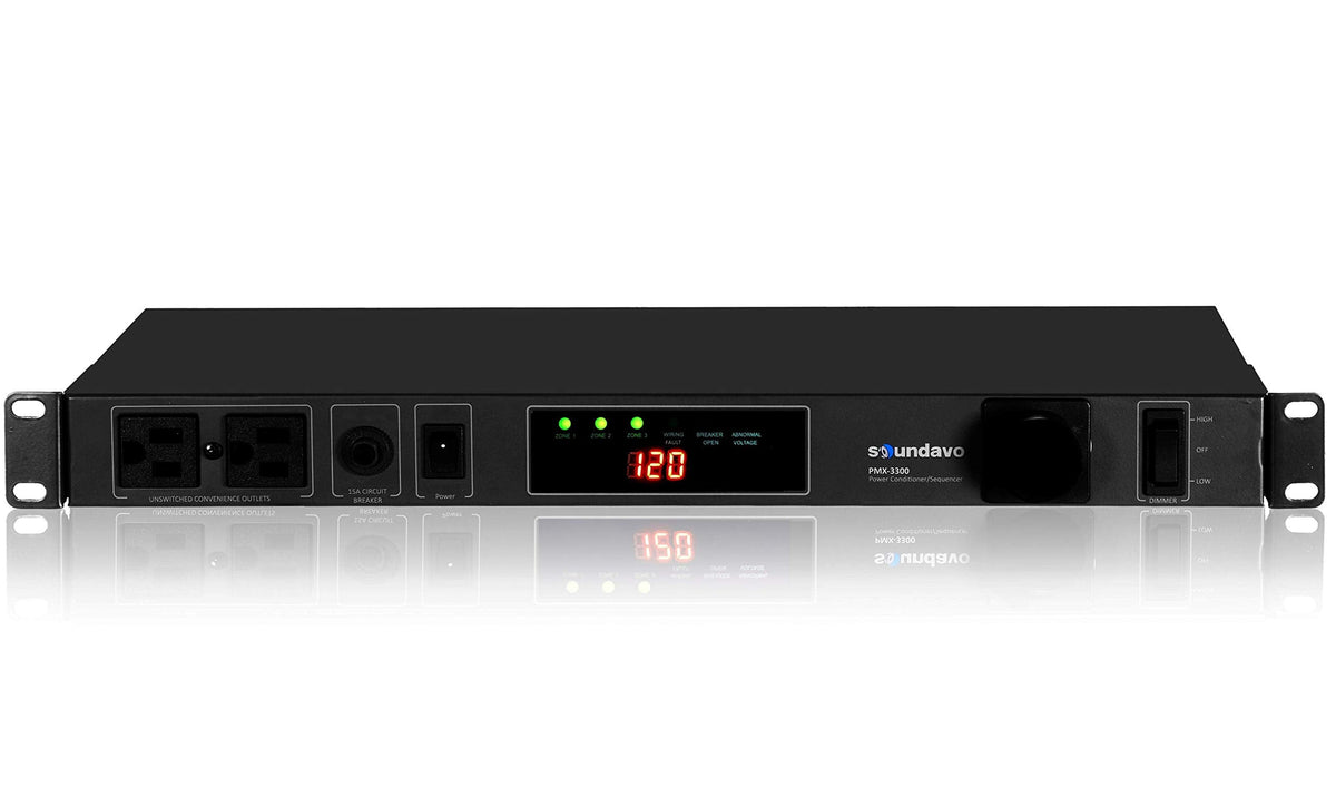 Soundavo PMX-3300 Power Conditioner and Surge Sequencer 10 Protected Outlets and 3 Zones 15A with LED Voltmeter Display & Pullout Light