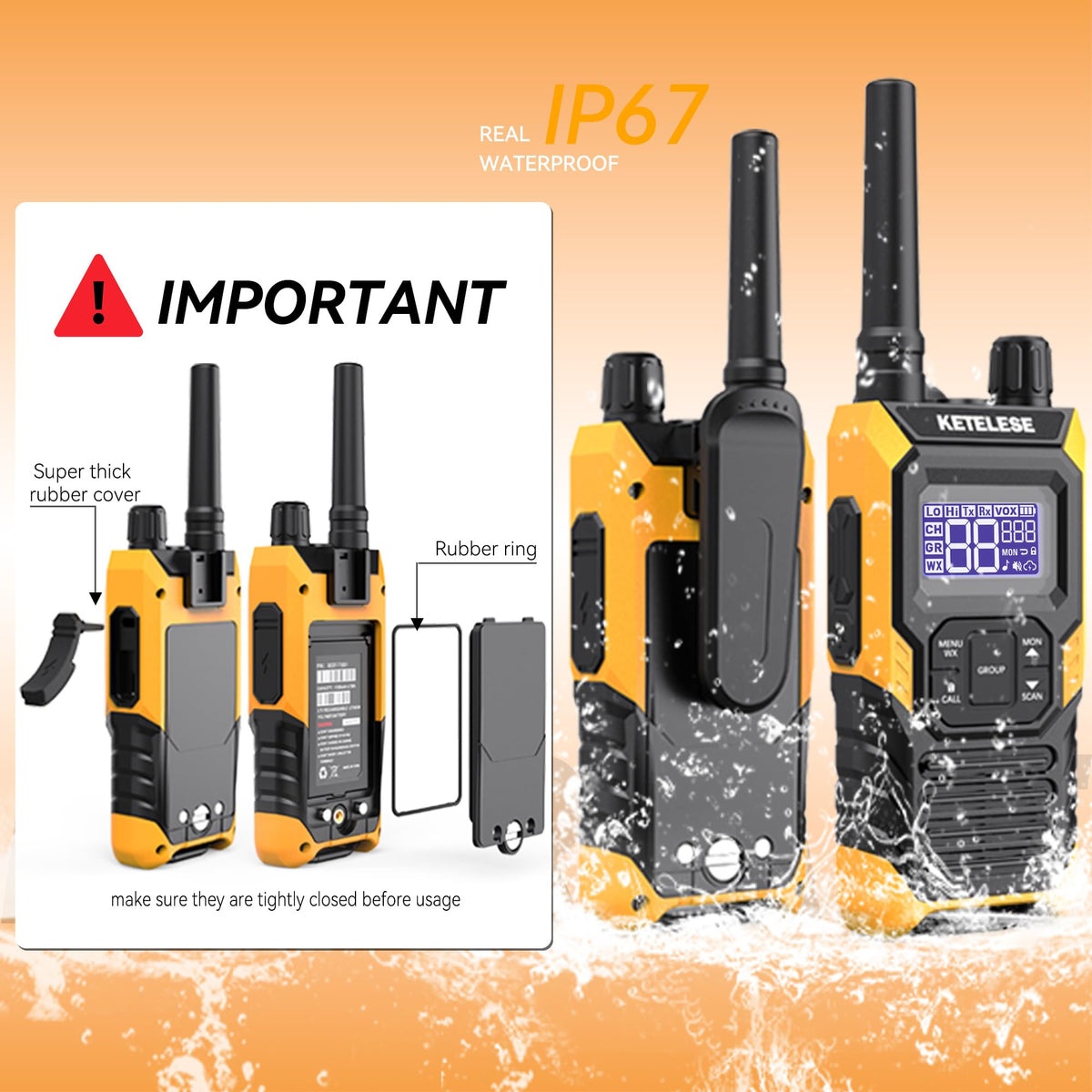 KETELESE T4 Long Range Walkie Talkies, Portable Two Way Radios IP67 Waterproof, with Earpiece, NOAA&Weather Alert, PTT, Group, VOX, 4Pack, Orange