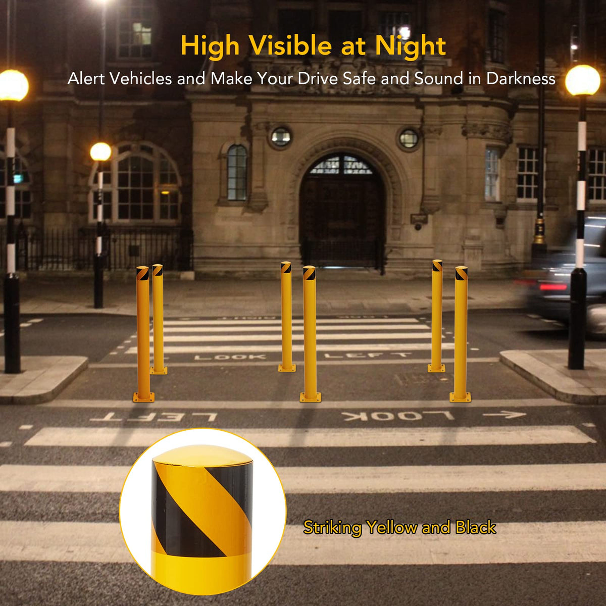 Safety Bollard Post 6 Packs, PeakPursuit 42 Inch Height Steel Bollards, 4.5 Inch Diameter Parking Bollard, Yellow Powder Coated Safety Parking Barrier Post, for Traffic Sensitive Areas