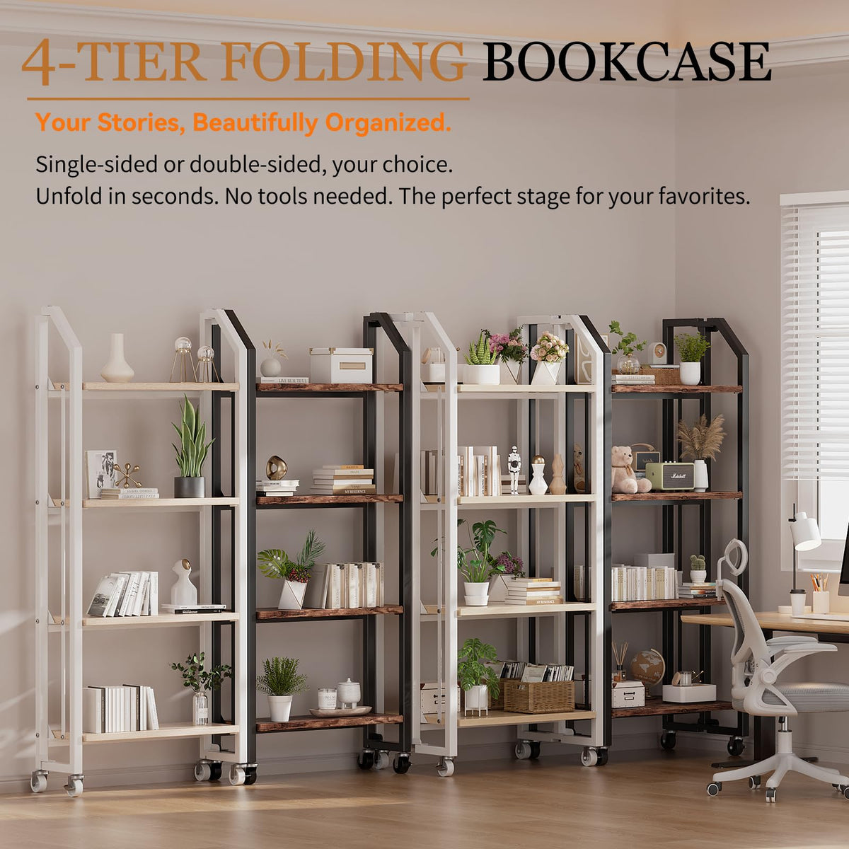 VYRIVA No Assembly Double-Sided Folding Bookshelf for Living Room, 4 Tier Collapsible Book Shelf for Home Office, Portable Bookcase Storage Organizer