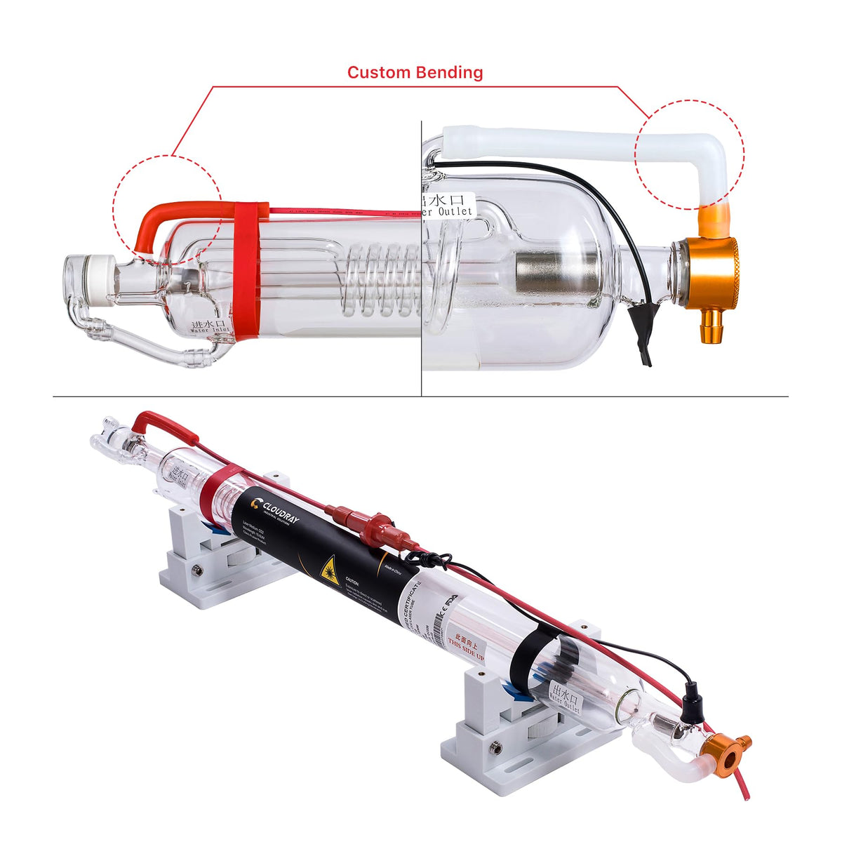 Cloudray 70W Laser Tube 1250mm Dia.55mm for CO2 Cutter Machine & Engraver, Cable Preconnected with Coating,60 Watt CO2 Laser Tube With Metal Head（CR70 60-80W)