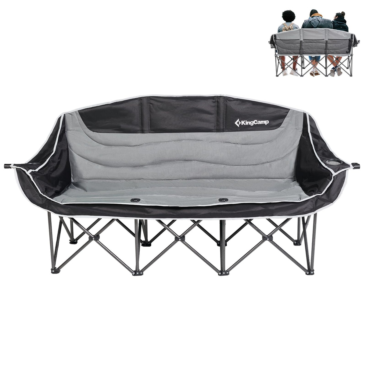 KingCamp 3 Person Camping Chair, Oversized 1100lbs Heavy Duty Loveseat for Adults Portable Folding XL 2 Person Couch Padded Comfortable Three Seat with Cup Holder for Outdoor Lawn Backyard, Black/Grey