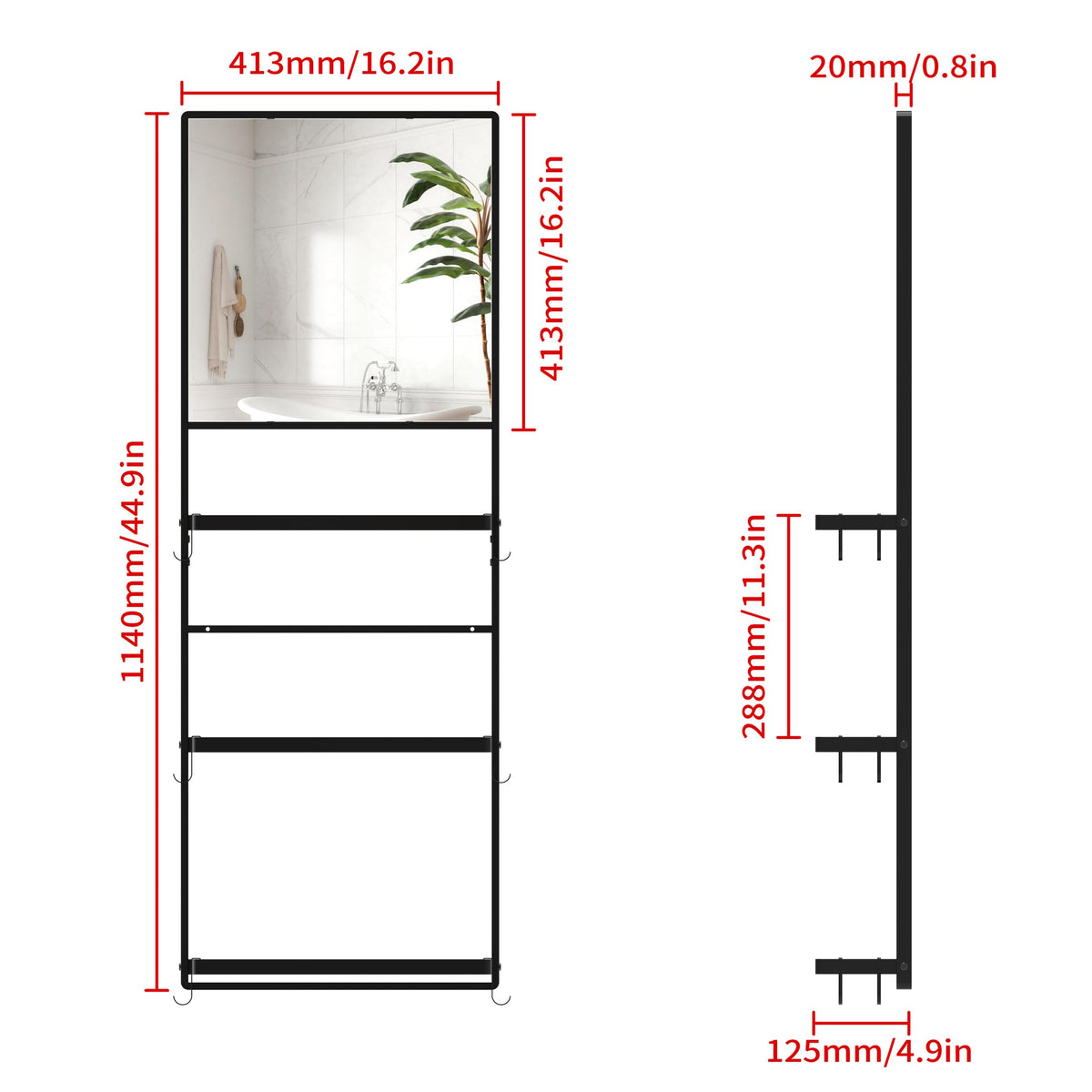 WONSTART 45" X 16" Black Wall Mirror with Shelf and Hooks, Rectangle Mirror for Wall, 3 Trays and 12 Removable Hooks,for Living Room, Hallway, Bedroom (Black-Square)