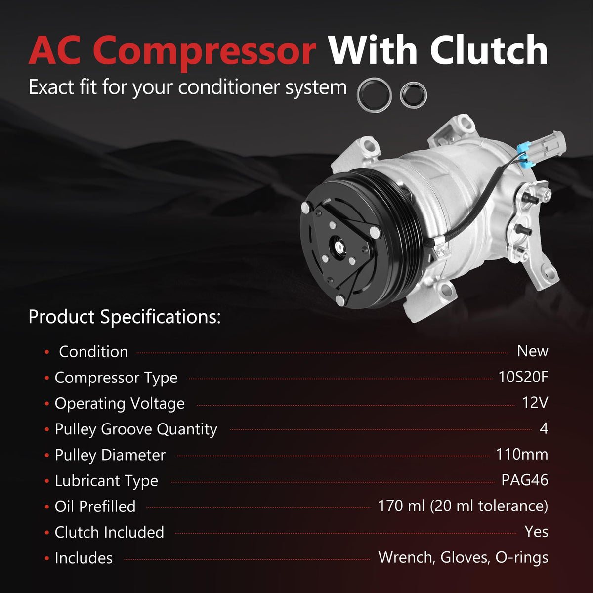 HYR New AC Compressor with Clutch Compatible with 2000-2013 Chevrolet, GMC Models - Silverado, Sierra, Tahoe, Yukon, Suburban, Express, Escalade, Savana, Avalanche, & More, 2 Mounting Holes CO 29002C