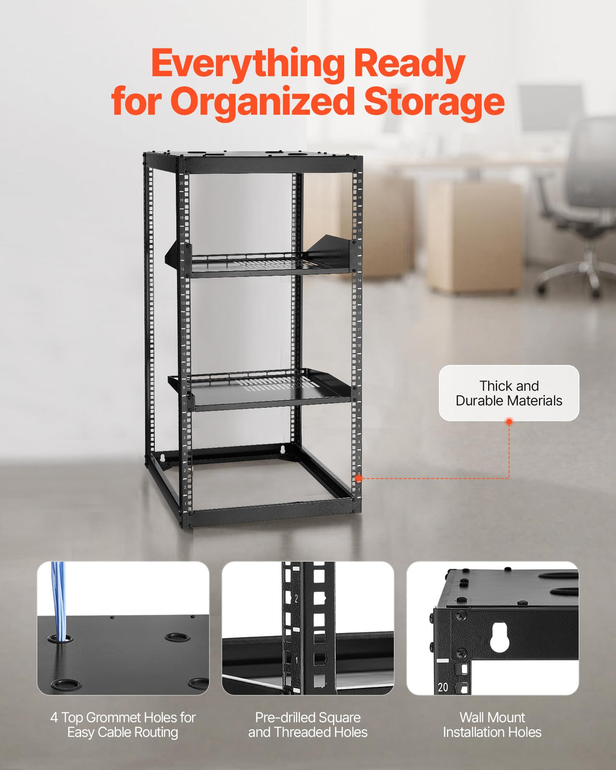 VEVOR 20U Server Rack, Open Frame Network Rack,4-Post Floor Standing or Wall Mounted, Includes 2PCS Vented 1U Rack Shelves & Mounting Hardware, Computer Wall Rack for 19" IT/AV Equipment