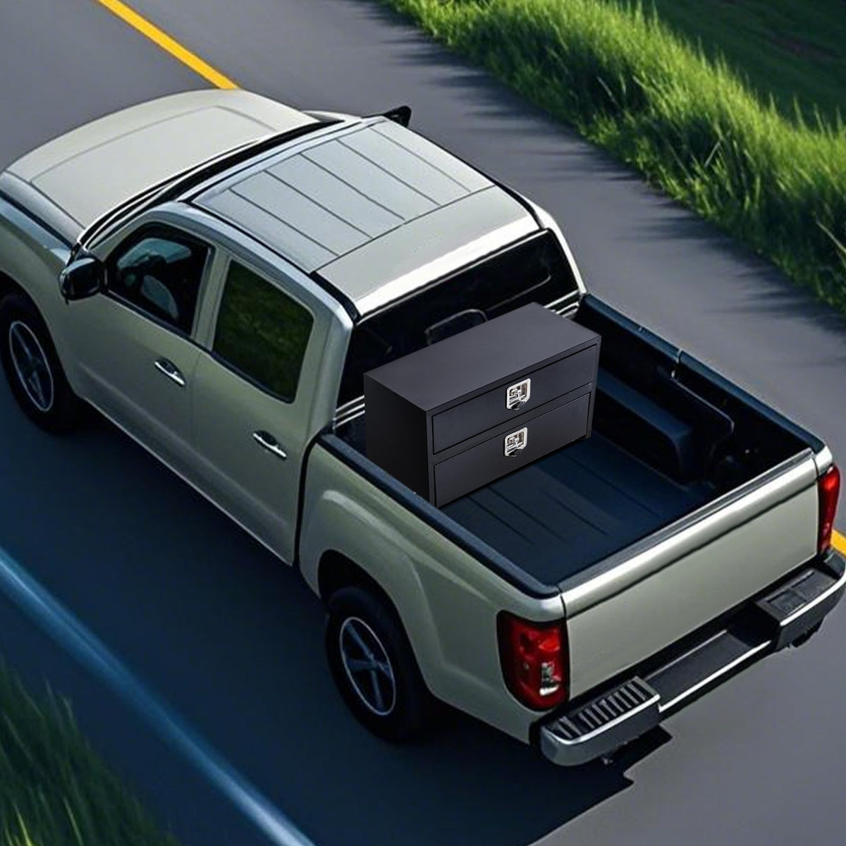 24'' Black Steel Truck Tool Box with Drawer, Heavy Duty Two-Tier Underbody Storage Organizer with Lock and Keys, Waterproof Pickup Truck Bed Toolbox for RV, Trailer, Cargo Equipment 24" x 18" x 20''
