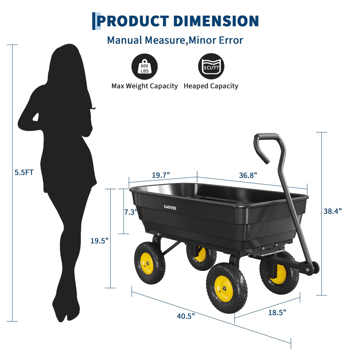 Garvee Poly Garden Dump Cart, Heavy Duty 600lbs Wheelbarrow Yard Cart Dump Wagon with 10”All Terrain Wheels, Garden Utility Wagon with Quick Release System& Convertible Handle Attach to ATV (Black)