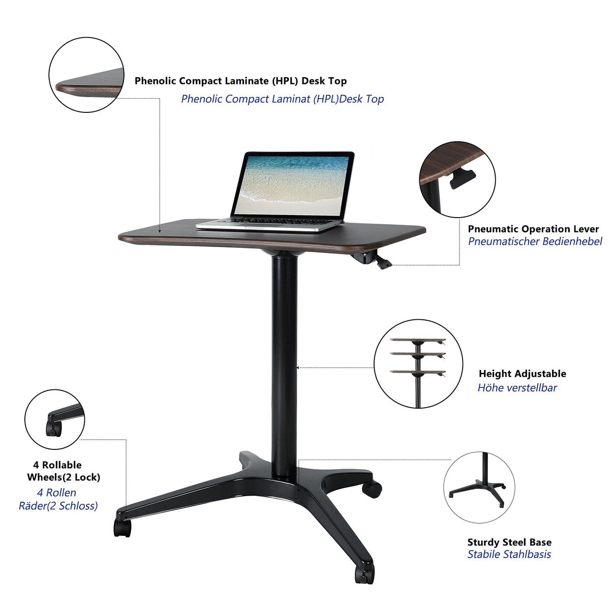 CARTMAY Mobile Standing Desk,Pneumatic Height Adjustable Laptop Desk, Mobile Laptop Desk with Wheels, Height Adjustable from 29.5'' to 47'',Black