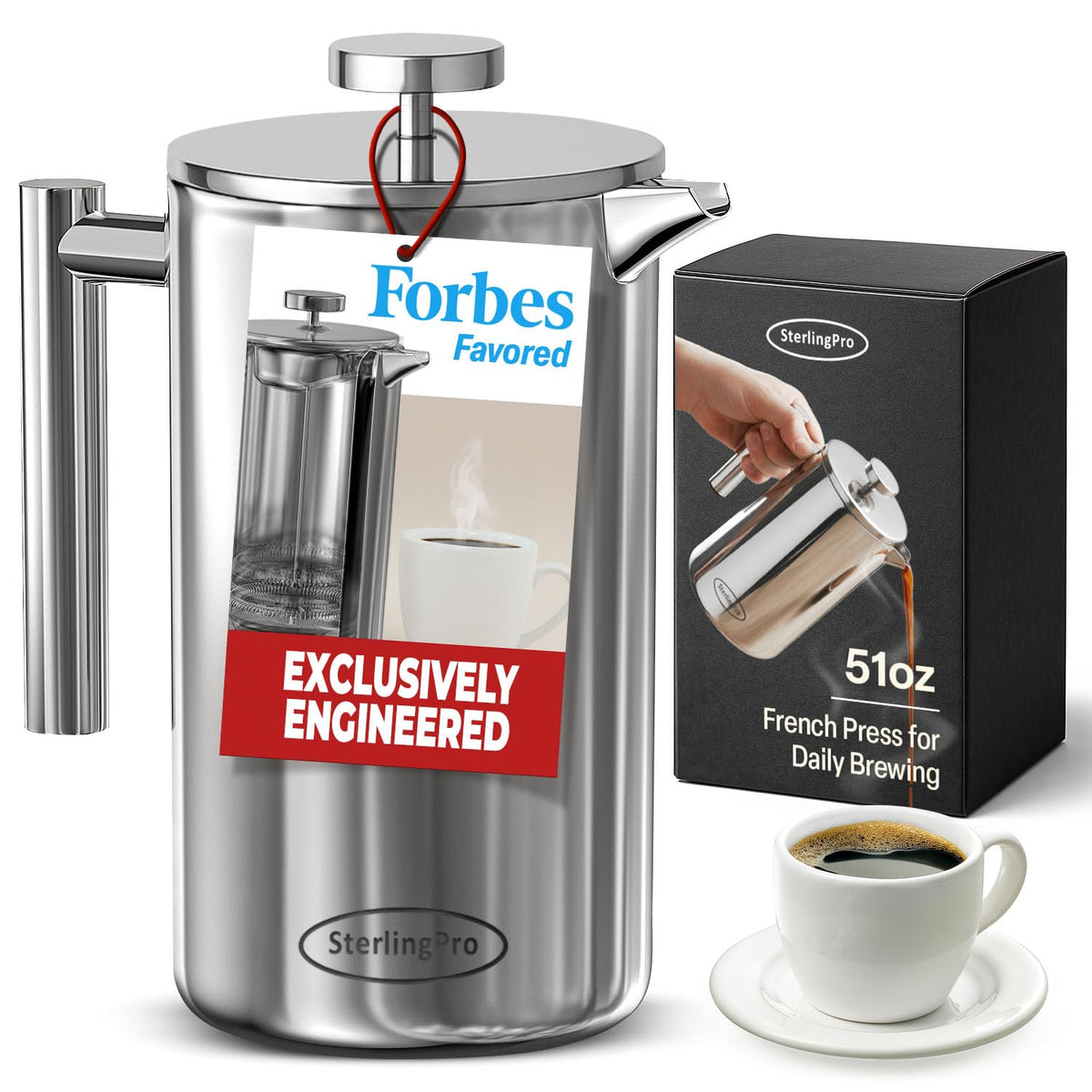 SterlingPro 1.5 L 51 oz Mirror Large French Press Coffee Maker and 2 Pack Replacement Screens Bundle Stainless Steel Double Wall Insulated for Tea and Coffee