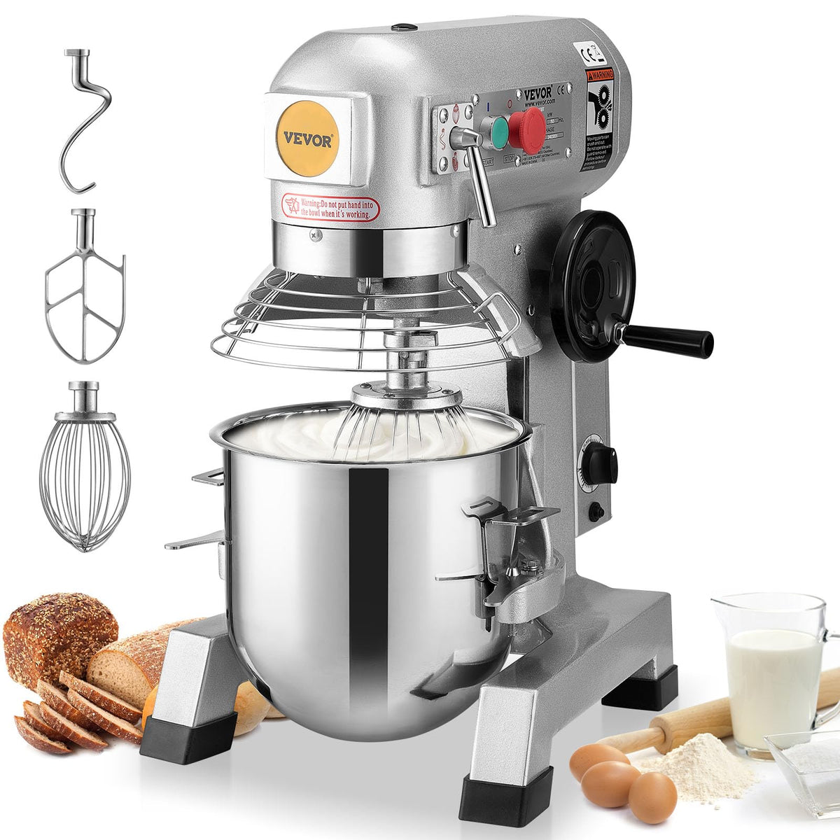 VEVOR Commercial Food Mixer, 15Qt Capacity with Timer, 500W Stainless Bowl Durable Electric Mixer for Commercial Use, 3 Speed Options 113/184/341 RPM, Includes Dough Hook & Whisk