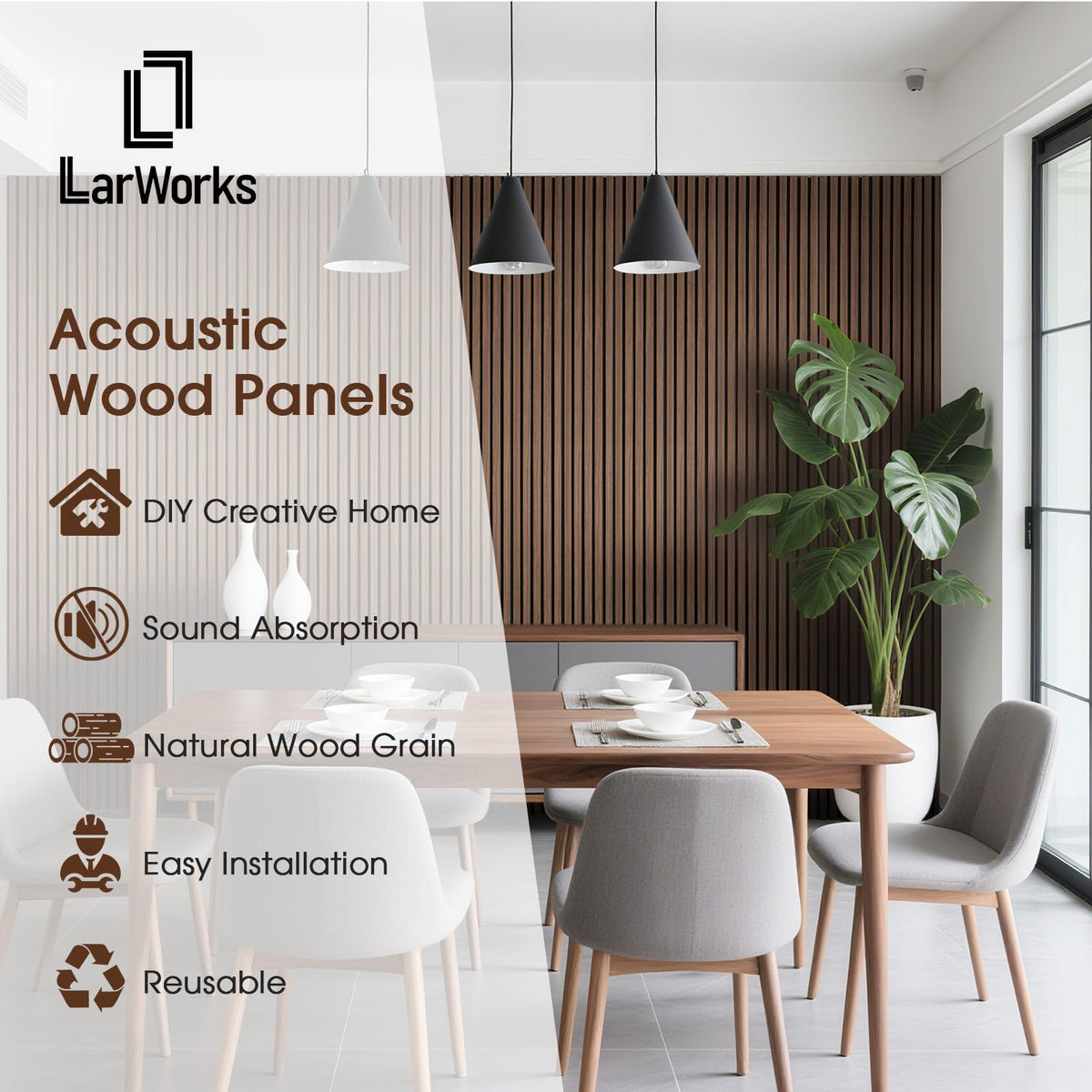 LARWORKS Acoustic Wood Slat Panels 2 Pack 106" x 12.6", Soundproof Wooden Wall Panels, 3D Fluted Panel for Interior Wall Decor, Living Room, Bedroom - Walnut (Cover Approx. 19 sq.ft)