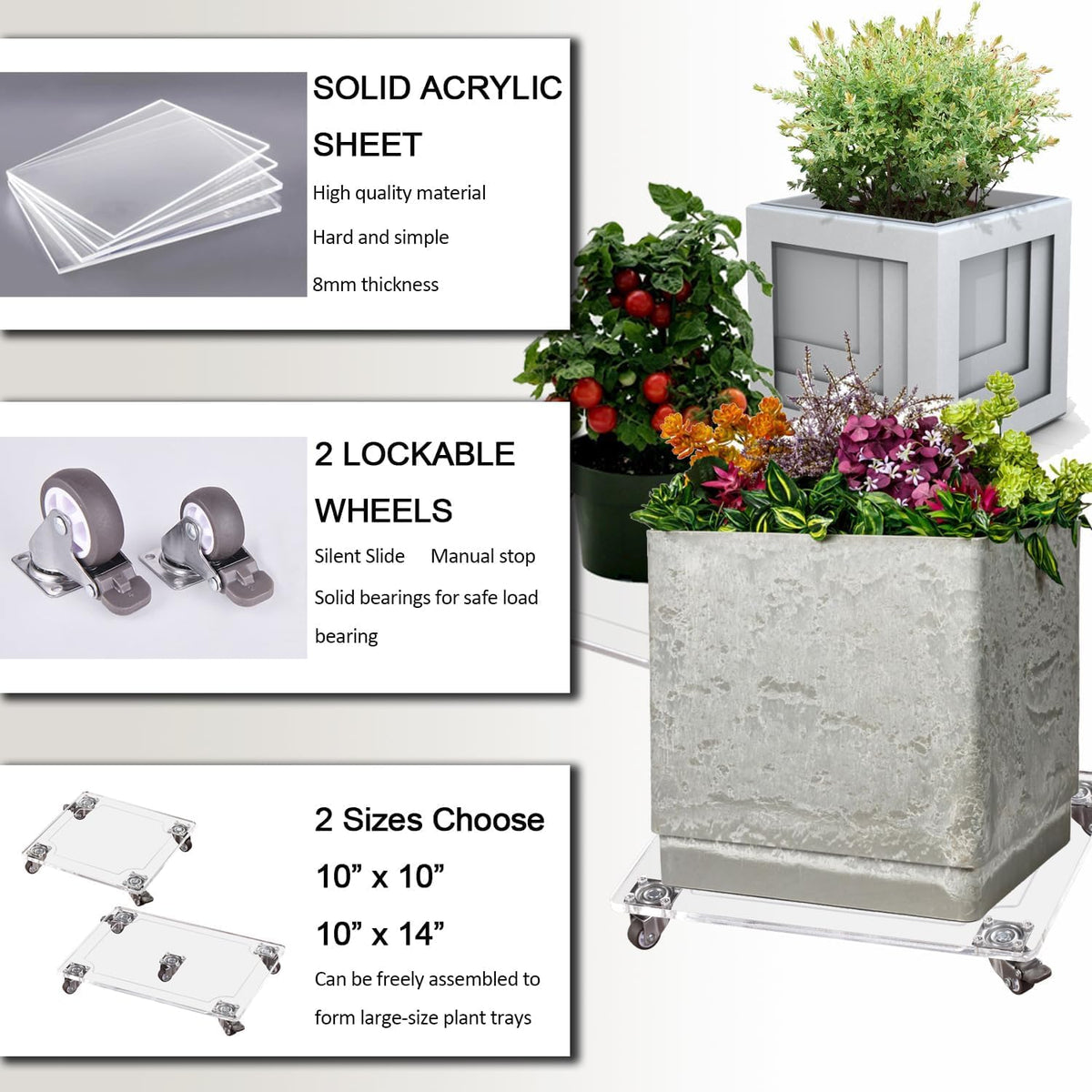 EMCOMS 1PC Transparent Clear Color Plant Caddy 10x14 inch Acrylic Heavy Duty Square Plant Stand with 2 Roller Lockable Caster Wheels,Indoor Outdoor Holds Up 150 Lbs Patio/Flower Pot/Dolly