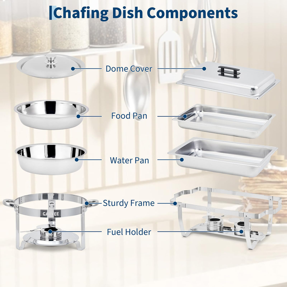 Garvee 4 Pack Chafing Dish Buffet Set, 8 Qt Rectangle & 5 Qt Round Stainless Steel Chafers and Food Warmer Sets with Lid, Food & Water Pan and Fuel Holder for Events, Parties & Holiday Catering