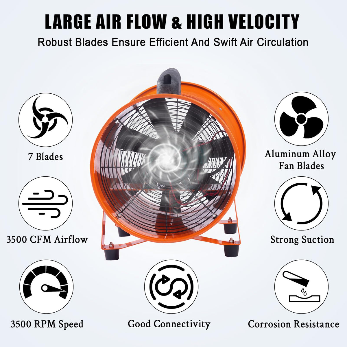 ExploreHorizon 12-Inch Heavy Duty Portable Exhaust Fan - 3500 CFM High Velocity Blower, Utility Blower Exhaust Fan with 16ft Vinyl Hose - Ideal for Crawl Spaces, Attics, Basements, Workshops, Garage