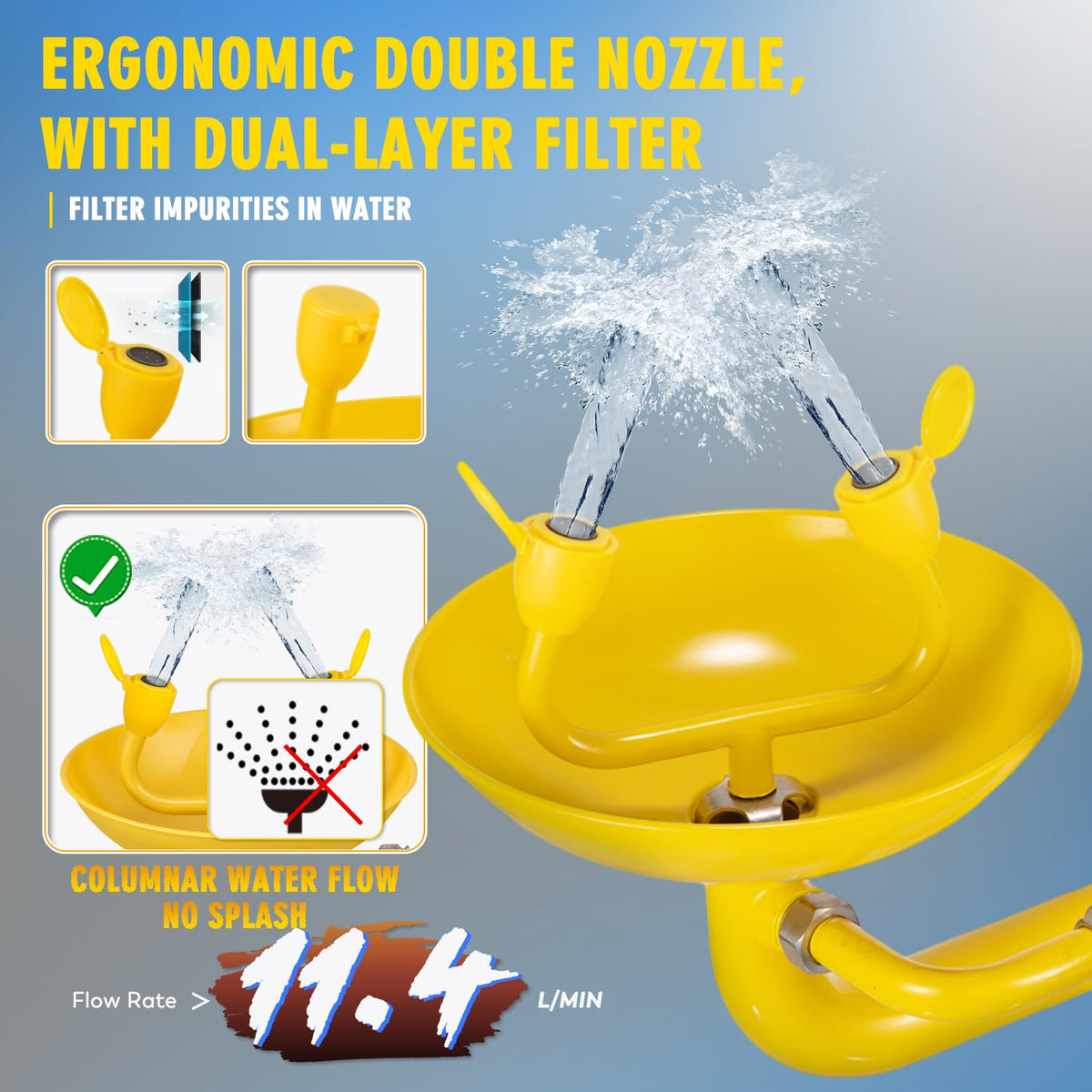 CGOLDENWALL Emergency Shower Eye Wash Station Safty Shower Combination Eye Wash Station with Shower, NPT Thread, with Emergency Sign, 304 Stainless Steel+Yellow Coating