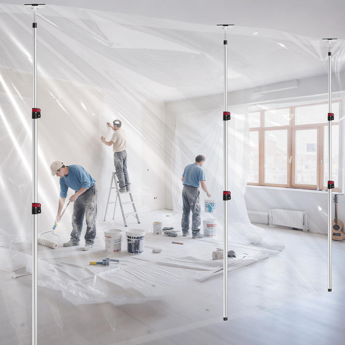 12FT Dust Barrier Poles 4 Pack withCarry Bag, Stainless Steel Retractable Zipper Wall Poles Kit for Renovation, Remodeling and Isolation Work