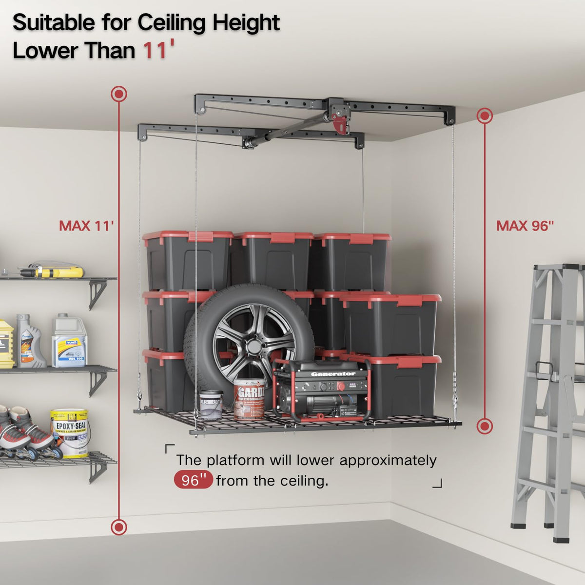 KOKORACKER Overhead Garage Storage Rack, Adjustable Heavy-duty 4x4 Ft Ceiling Storage Racks with Safety Lock, Ideal for Garage Storage Lifting Organization System, 250lbs Capacity