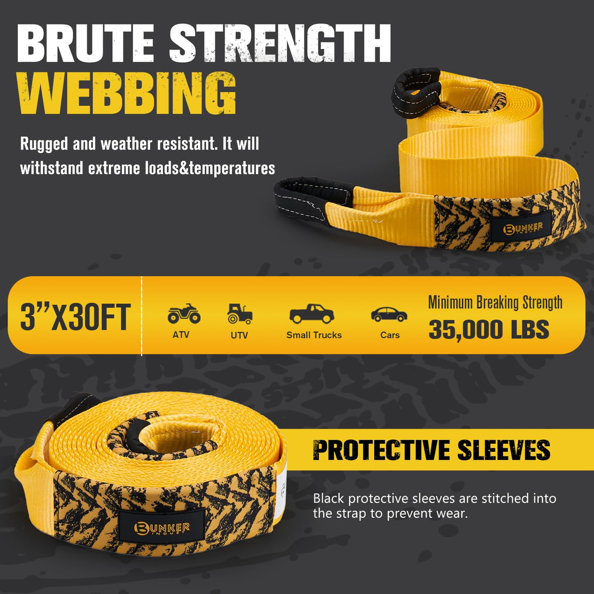 BUNKER INDUST Traction Boards with Jack Lift Base Black(Gen 2) + 3" x 30ft Tow Strap with Bag Recovery Kit