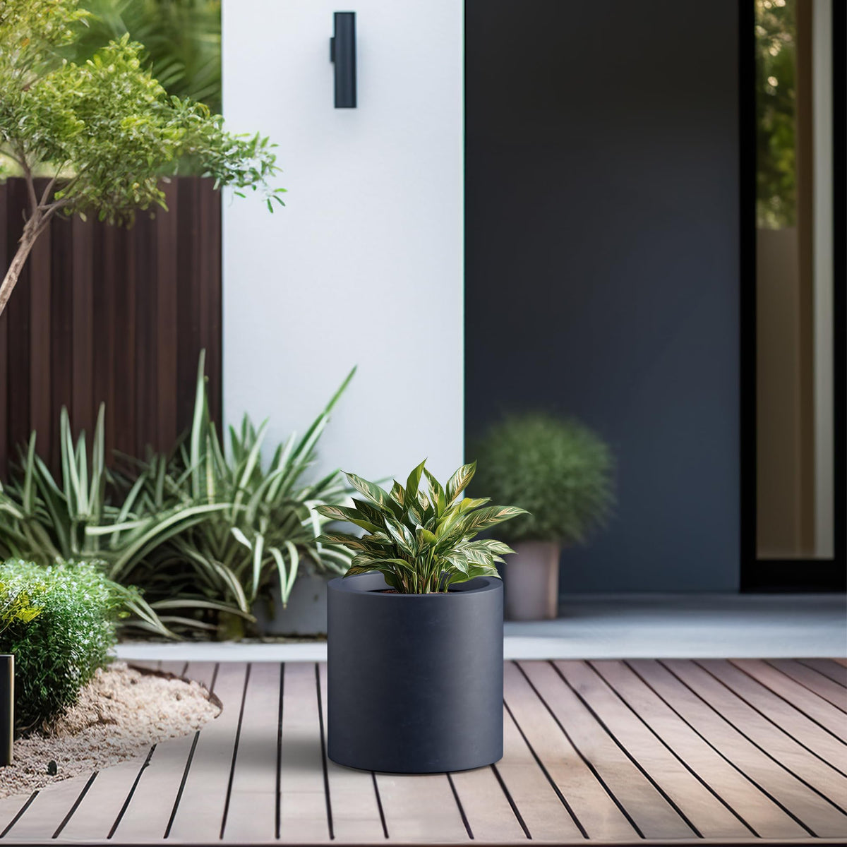 Kante 12.6" Dia Round Concrete Planter, Modern Style Large Cylindrical Plant Pot with Drainage Hole and Rubber Plug for Indoor Outdoor Patio, Dark Gray