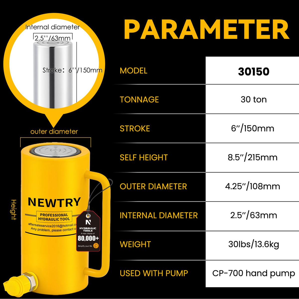 NEWTRY 30 ton Hydraulic Jack Cylinder Long Ram 6” Stroke Portable Hydraulic Industrial Lifting Porta Power Retract Automatically
